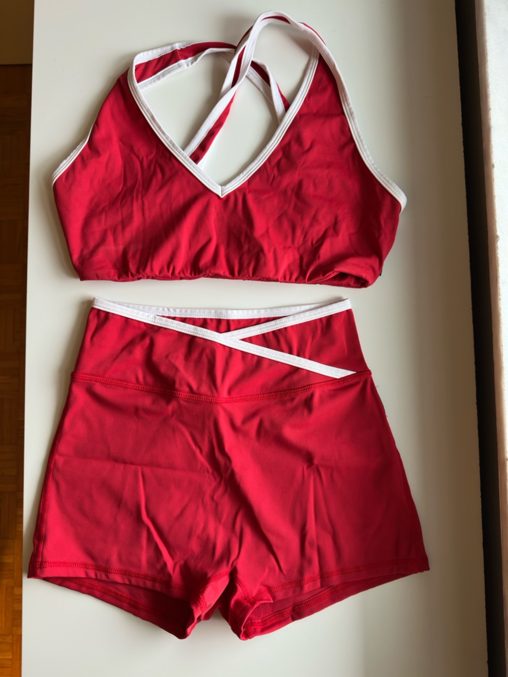 Missguided PLAYBOY Red Sports Bra and High-Waist Shorts Set with White Trim
